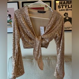 UO Urban Outfitters Gold Sequin Tie Front Crop Bell Sleeve Groovy Disco Retro